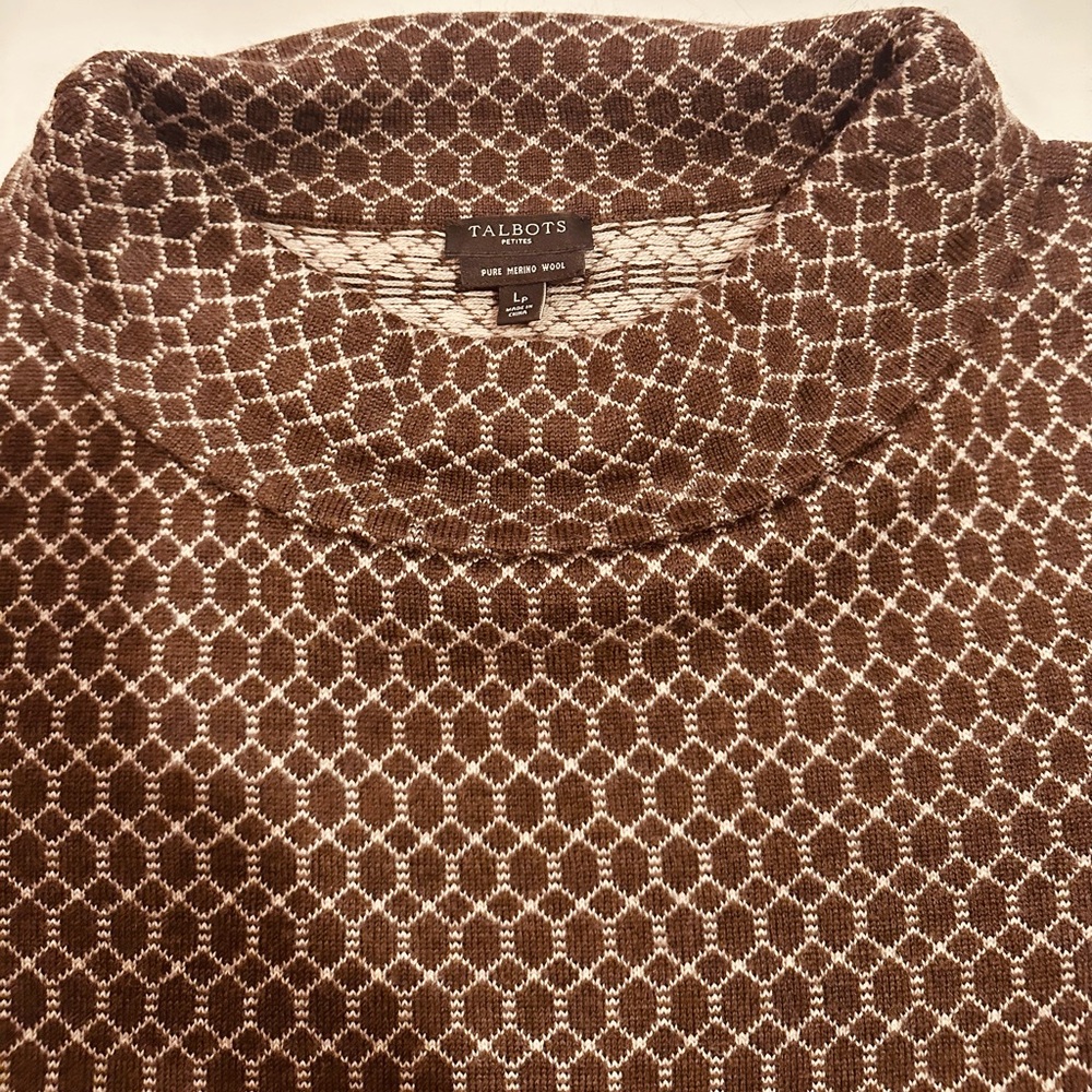 Talbots Petites L Pure Merino Sweater Brown Geo Print Casual Classic Chunky